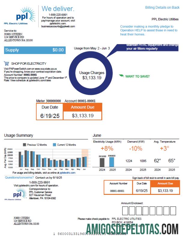 para download Modelo de conta de serviços públicos elétricos PPL dos EUA em formatos Word e PDF, versão 2